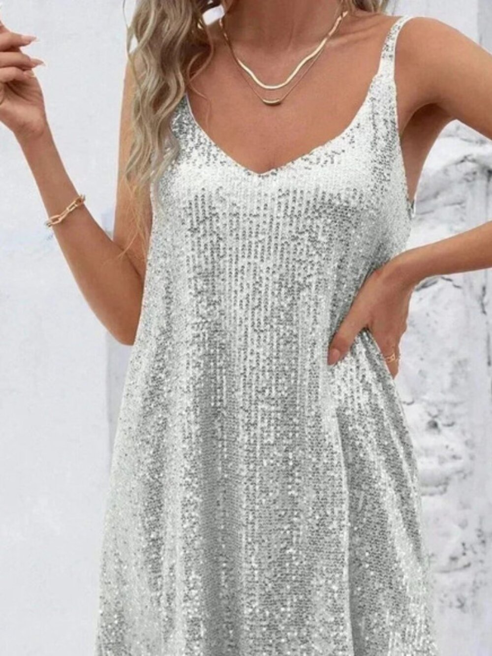 Silver Sexy Women's Sleeveless Sequin V-Neck Dress